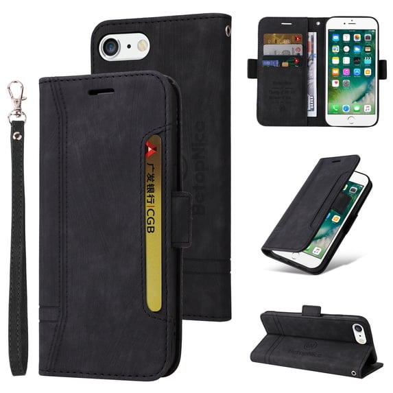 Dteck Compatible with iPhone 8 Plus/7 Plus 5.5 Inch Wallet Phone Case with Wrist Strap,Premium PU Leather Magnetic Clasp ID Credit Card Holder Slots Flip Stand Protective Phone Cover,Black