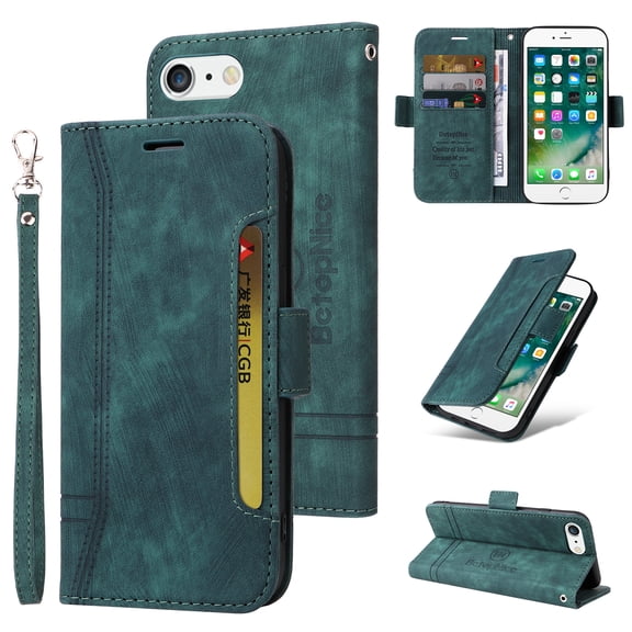 Dteck Compatible with iPhone 8 Plus/7 Plus 5.5 Inch Wallet Phone Case with Wrist Strap,Premium PU Leather Magnetic Clasp ID Credit Card Holder Slots Flip Stand Protective Phone Cover,Green