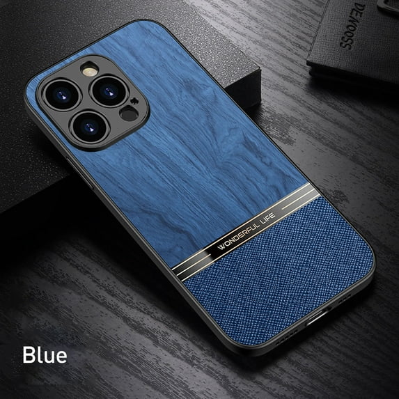 Dteck Compatible with iPhone 14 Pro Max Case Wood Grain Outside Design TPU Hybrid Case, Blue
