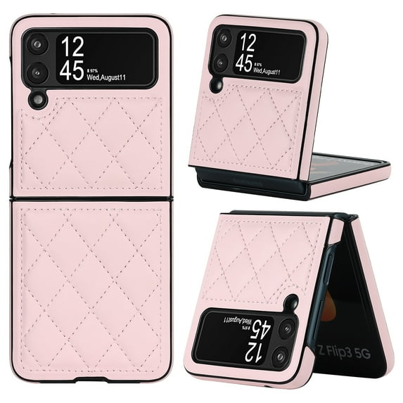 Dteck Cover for Samsung Galaxy Z Flip 4, Luxury Protective Ultra-Thin PU Leather Small Fragrance Grid Shockproof Glossy Design Back Phone Cover For Samsung Z Flip 4,Pink