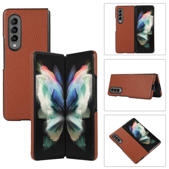 Dteck Cover Samsung Galaxy Z Fold 3, Luxury Protective Ultra-Thin Leather Lichee Pattern Shockproof Glossy Design Back Phone Cover For Samsung Galaxy Z Fold 3, Brown
