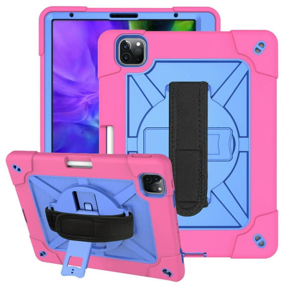 Dteck Cover for iPad Pro 11 2nd Gen 2020 with Screen Protector, Heavy Duty Full-Body Hybrid Rugged Case with 360 Degree Rotating Kickstand Hand Strap, Rose/Blue