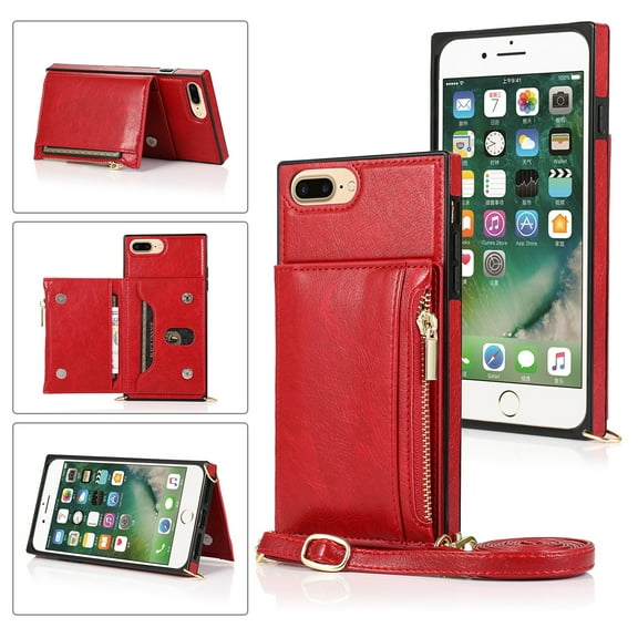 Dteck Crossbag Case For iPhone 8 Plus / iPhone 7 Plus / iPhone 6 Plus, Premium PU Leather Wallet Case Credit Card Holder Stand Cover, Red