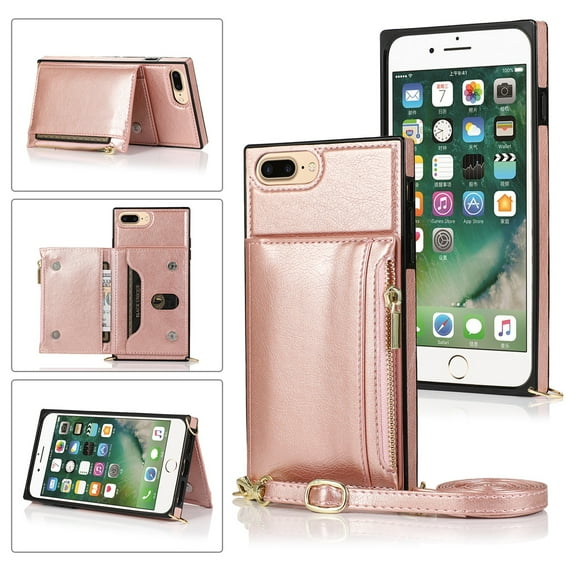 Dteck Crossbag Case For iPhone 8 Plus / iPhone 7 Plus / iPhone 6 Plus, Premium PU Leather Wallet Case Credit Card Holder Stand Cover, Rosegold