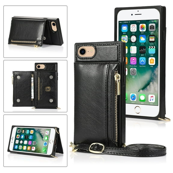 Dteck Crossbag Case For iPhone SE 2020 / iPhone 8 / iPhone 7 / iPhone 6, Premium PU Leather Wallet Case Credit Card Holder Stand Cover, Black