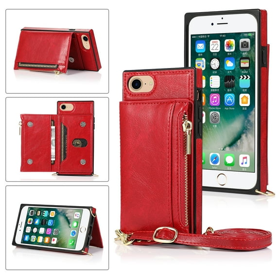 Dteck Crossbag Case For iPhone SE 2020 / iPhone 8 / iPhone 7 / iPhone 6, Premium PU Leather Wallet Case Credit Card Holder Stand Cover, Red