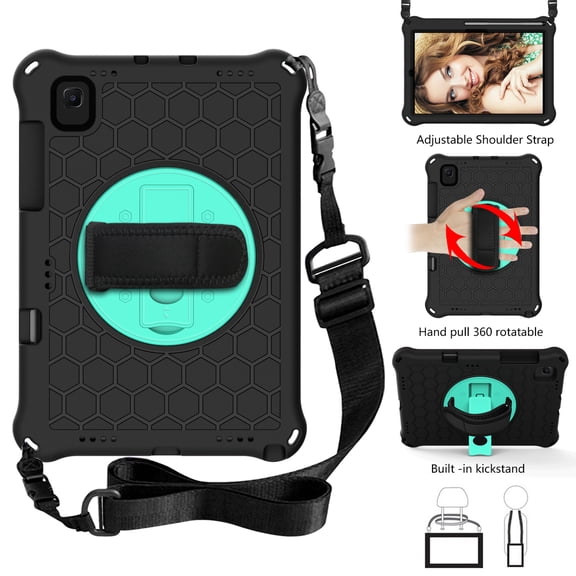 Dteck Crossbody Case for Samsung Galaxy Tab S6 10.5 inch 2019 SM-T860 T865, Heavy Duty Shockproof Case with Pencil Holder Rotating Kickstand Hand/Shoulder Strap, Black+Mint