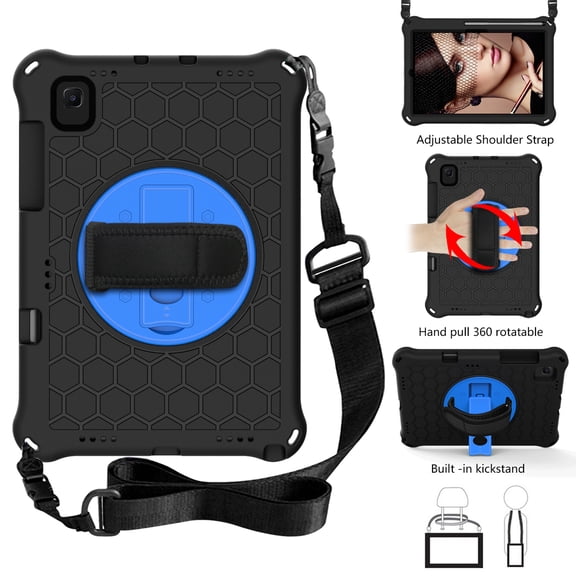 Dteck Crossbody Case for Samsung Galaxy Tab S6 10.5 inch 2019 SM-T860 T865, Heavy Duty Shockproof Case with Pencil Holder Rotating Kickstand Hand/Shoulder Strap, Black+Blue