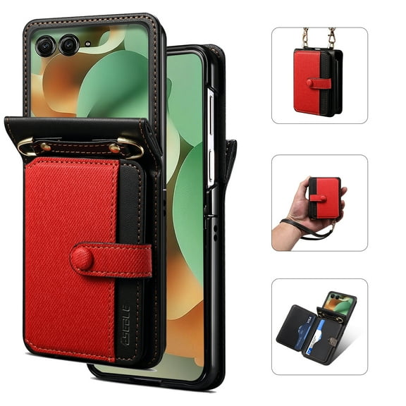 Dteck Crossbody Case for Motorola Razr 2025, PU Leather Strap Wristlet Flip Case Wallet with Card Holder for Moto Razr 2025,Red