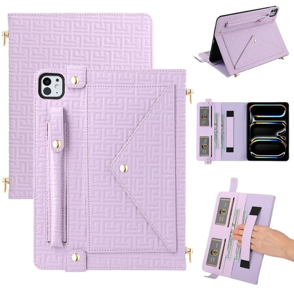 Dteck Crossbody Handbag Case for iPad Air 11 inch M2 (2024) Air 6th Generation, Folio Stand PU Leather Hand Strap Cover Crossbody Case w/Pencil Holder Card Slots Wallet Carrying Sleeve Bag Case,Purple