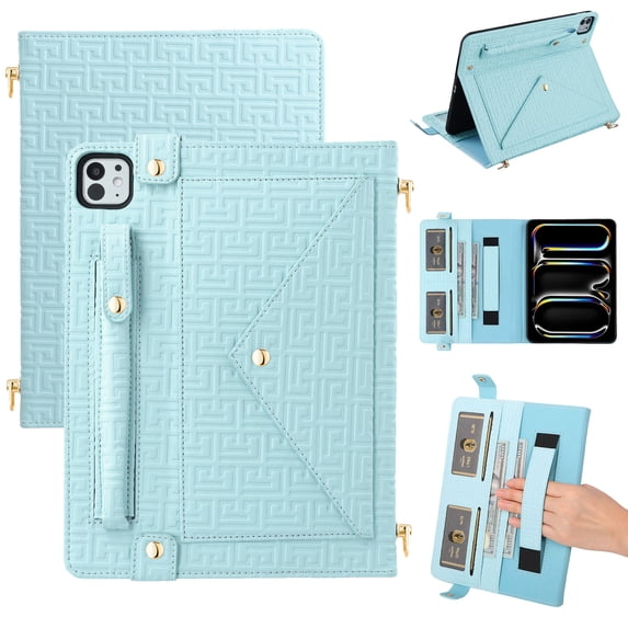 Dteck Crossbody Handbag Case for iPad Air 11 inch M2 (2024) Air 6th Generation, Folio Stand PU Leather Hand Strap Cover Crossbody Case w/Pencil Holder Card Slots Wallet Carrying Sleeve Bag Case,Blue