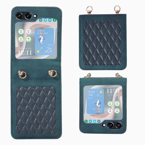 Dteck Crossbody Lanyard Case for Samsung Galaxy Z Flip 5 5G, Galaxy Z Flip 5 2023, Shockproof Premium PU Leather Wrist Strap Flip Protective Phone Case Cover, Green