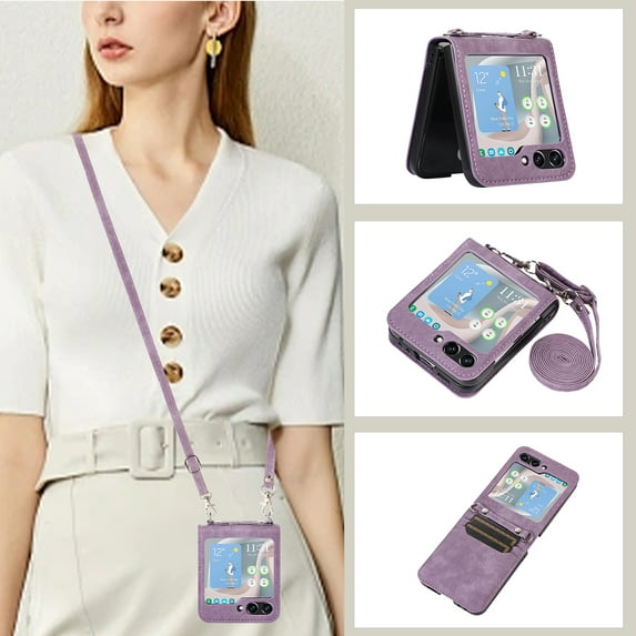 Dteck Crossbody Lanyard Case for Samsung Galaxy Z Flip 5 5G, Galaxy Z Flip 5 Wallet Case with Card Holder, Shockproof Premium PU Leather Wrist Strap Flip Protective Phone Case Cover, Purple