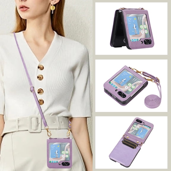 Dteck Crossbody Shoulder Strap Case for Samsung Galaxy Z Flip 7, Shockproof Card Slot Case Slim Lightweight PU Leather Case, Purple