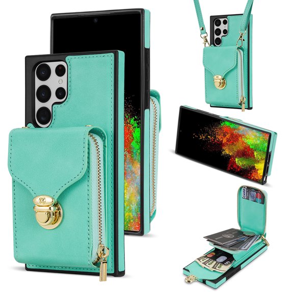 Dteck Crossbody Shoulder Strap Wallet Case for S22 Ultra, RFID Blocking Leather Purse Case with Card Holder Protective Handbag Flip Stand Cover with Zipper Pocket for Women Girls Men, Mint
