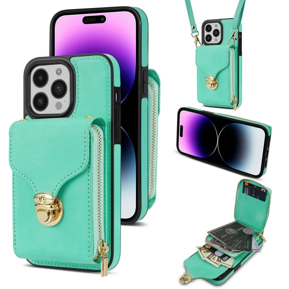 Dteck Crossbody Shoulder Strap Wallet Case for iPhone 14 Pro, RFID Blocking Leather Purse Case with Card Holder Protective Handbag Flip Stand Cover with Zipper Pocket for Women Girls Men, Mint