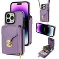 thumbnail image 1 of Dteck Crossbody Shoulder Strap Wallet Case for iPhone 15 Pro, RFID Blocking Leather Purse Case with Card Holder Protective Handbag Flip Stand Cover with Zipper Pocket for Women Girls Men, Purple, 1 of 8