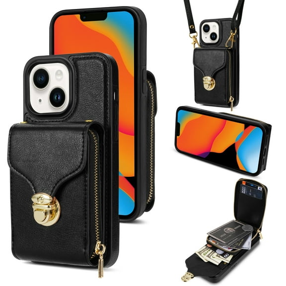 Dteck Crossbody Shoulder Strap Wallet Case for iPhone 15, RFID Blocking Leather Purse Case with Card Holder Protective Handbag Flip Stand Cover with Zipper Pocket for Women Girls Men, Black