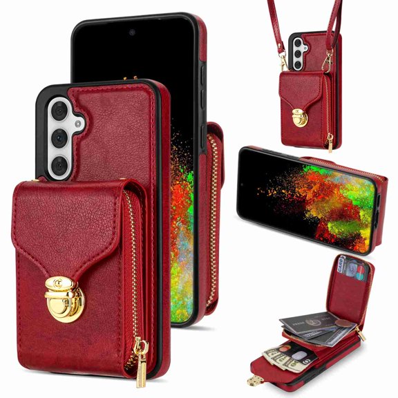 Dteck Crossbody Shoulder Strap Zipper Pocket Wallet Case for Samsung S23 FE 5G, RFID Blocking Leather Purse Case with Card Holder Protective Handbag Flip Stand Cover for Women Girls Men, Red