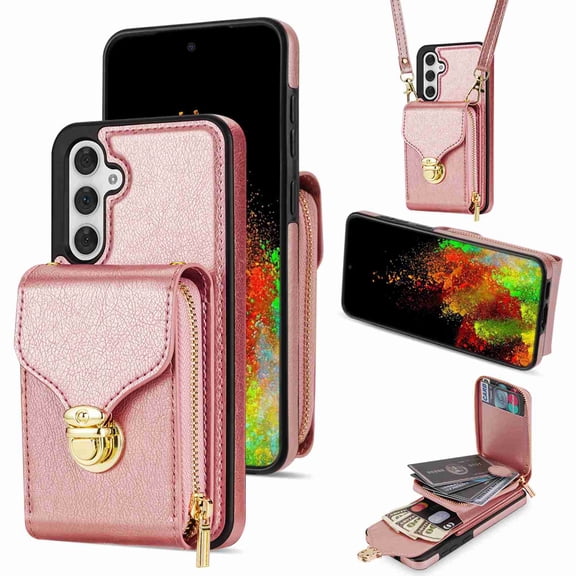 Dteck Crossbody Shoulder Strap Zipper Pocket Wallet Case for Samsung S24 5G, RFID Blocking Leather Purse Case with Card Holder Protective Handbag Flip Stand Cover for Women Girls Men, Rosegold