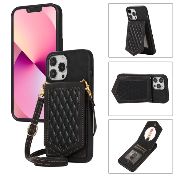 Dteck Crossbody Strap for Apple iPhone 13 Pro Case for Women, Shockproof Leather Wallet with Card Holder Slots Protective Hidden Mirror Case Adjustable Lanyard, Black