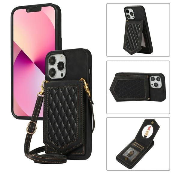 Dteck Crossbody Strap for Apple iPhone 13 Pro Case for Women, Shockproof Leather Wallet with Card Holder Slots Protective Hidden Mirror Case Adjustable Lanyard, Black