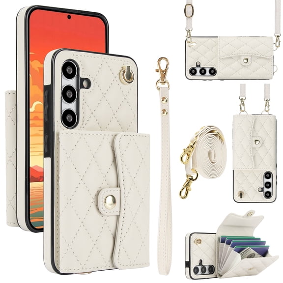 Dteck Crossbody Strap Case for Samsung Galaxy S24 Plus,Magnetic Leather Card Slots Women Case Shockproof Kickstand Back Cover with Shoulder Strap for Galaxy S24+,White