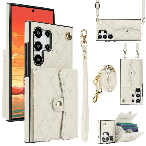 Dteck Crossbody Strap Case for Samsung Galaxy S24 Ultra,Magnetic Leather Card Slots Women Case Shockproof Kickstand Back Cover with Shoulder Strap for Galaxy S24 Ultra,White