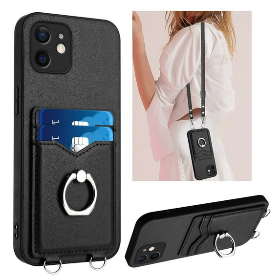 Dteck Crossbody Strap Case for iPhone 12, Shockproof Leather Case Card Slots Wallet Back with Ring Holder Kickstand Cover for iPhone 12 ,Black