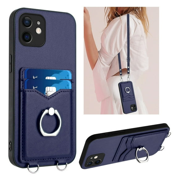 Dteck Crossbody Strap Case for iPhone 12, Shockproof Leather Case Card Slots Wallet Back with Ring Holder Kickstand Cover for iPhone 12 ,Blue