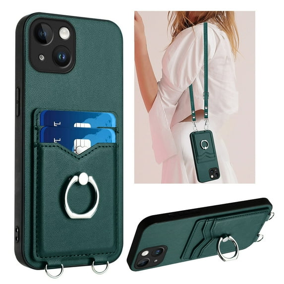 Dteck Crossbody Strap Case for iPhone 14, Shockproof Leather Case Card Slots Wallet Back with Ring Holder Kickstand Cover for iPhone 14 ,Green