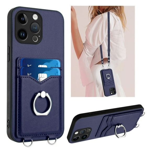 Dteck Crossbody Strap Case for iPhone 15 Pro, Shockproof Leather Case Card Slots Wallet Back with Ring Holder Kickstand Cover for iPhone 15 Pro ,Blue