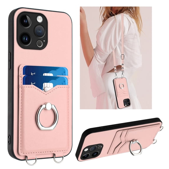 Dteck Crossbody Strap Case for iPhone 13 Pro Max, Shockproof Leather Case Card Slots Wallet Back with Ring Holder Kickstand Cover for iPhone 13 Pro Max ,Rosegold