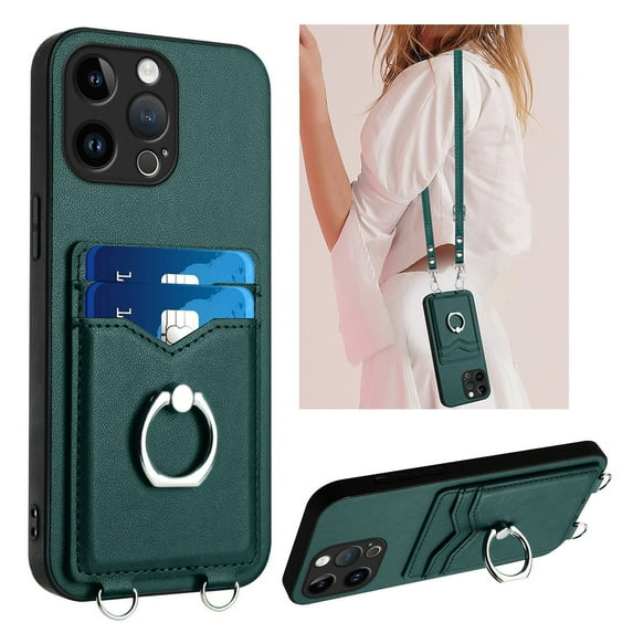 Dteck Crossbody Strap Case for iPhone 14 Pro Max, Shockproof Leather Case Card Slots Wallet Back with Ring Holder Kickstand Cover for iPhone 14 Pro Max ,Green