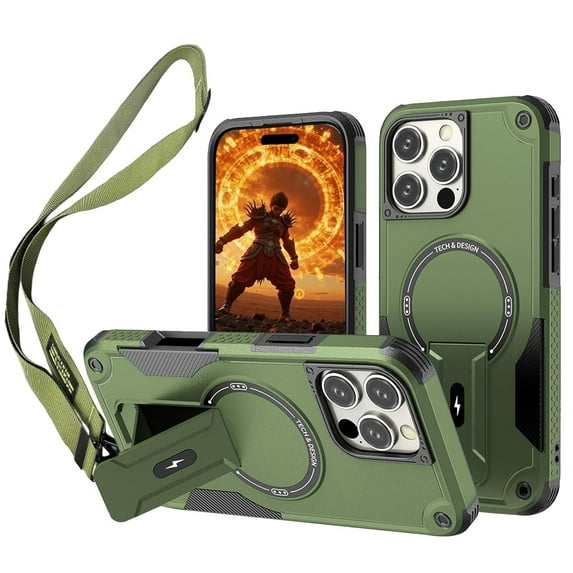 Dteck Crossbody Strap Case for iPhone 16 Pro,Shockproof Invisible Kickstand Case Compatible with Magsafe Military-Grade Protection Cover with Adjustable Shoulder Lanyard Strap,Armygreen