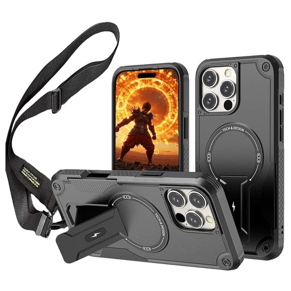 Dteck Crossbody Strap Case for iPhone 16,Shockproof Invisible Kickstand Case Compatible with Magsafe Military-Grade Protection Cover with Adjustable Shoulder Lanyard Strap,Black