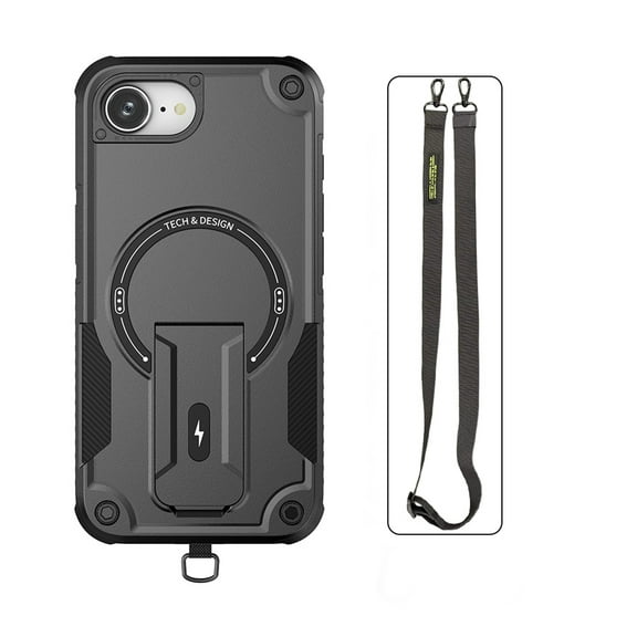 Dteck Crossbody Strap Case for iPhone 16e,Shockproof Invisible Kickstand Case Compatible with Magsafe Military-Grade Protection Cover with Adjustable Shoulder Lanyard Strap,Black