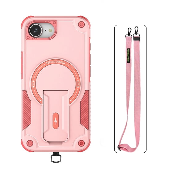 Dteck Crossbody Strap Case for iPhone 16e,iPhone 17e Shockproof Invisible Kickstand Case Compatible with Magsafe Military-Grade Protection Cover with Adjustable Shoulder Lanyard Strap,Pink