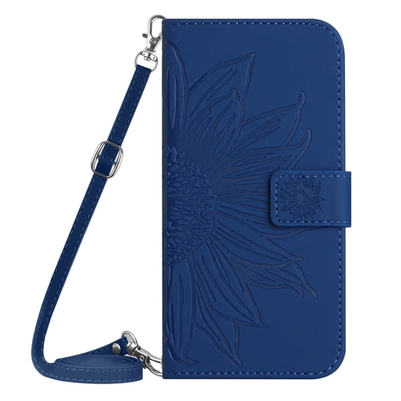 Dteck Crossbody Strap Case for iPhone 17 ,Flower Patterned Leather Card Holder Flip Case with Magnetic Clasp Kickstand Heavy Duty Protective Wallet Phone Cover Case for Women,Darkblue