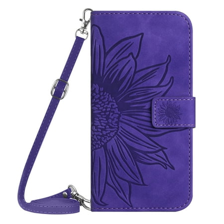 Dteck Crossbody Strap Wallet Case for Samsung Galaxy A57 5G ,Magnetic Flower Patterned Leather Card Holder Flip Case Shockproof Kickstand Phone Cover,Darkpurple