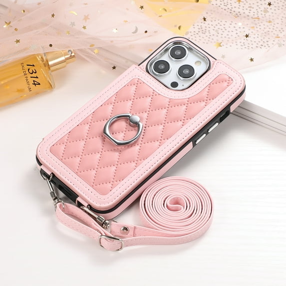 Dteck Crossbody Strap Wallet Case for iPhone 15 Pro Max,Magnetic Leather Card Slots Pocket Case Shockproof Ring Holder Stand Cover with Shoulder Strap,Pink