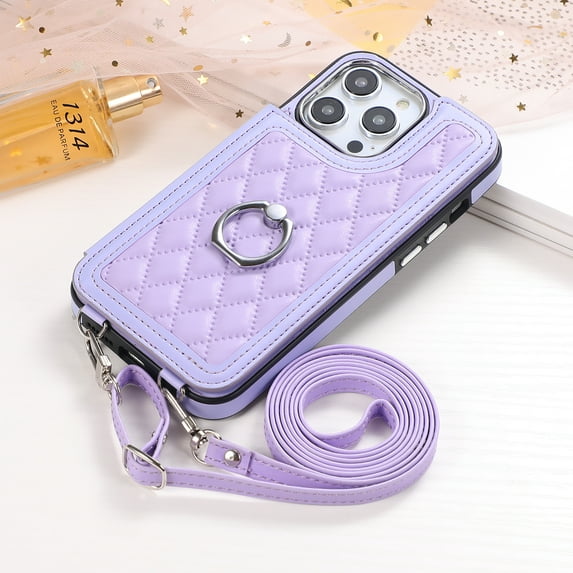Dteck Crossbody Strap Wallet Case for iPhone 15 Pro Max,Magnetic Leather Card Slots Pocket Case Shockproof Ring Holder Stand Cover with Shoulder Strap,Purple