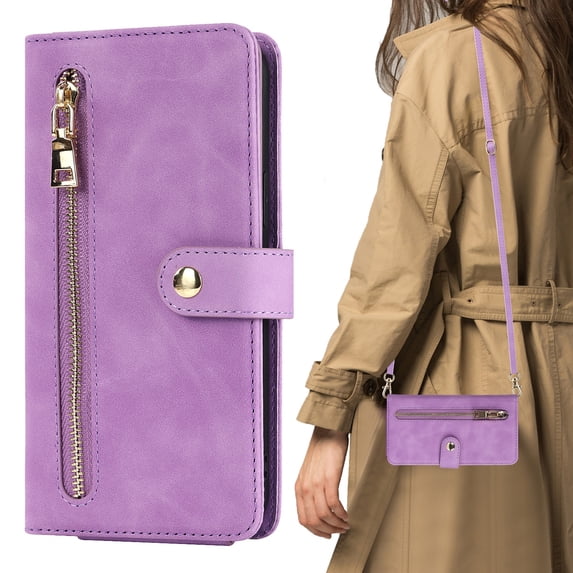 Dteck Crossbody Wallet Case Compatible with iPhone 13, Premium PU Leather Zipper Folio Wallet with Wrist Strap Lanyard Magnetic Closure Built-in Kickstand Protective Case for iPhone 13,Light Purple