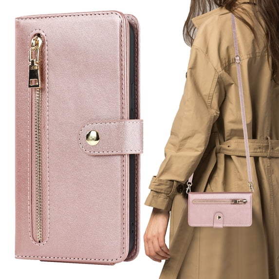 Dteck Crossbody Wallet Case Compatible with iPhone 13, Premium PU Leather Zipper Folio Wallet with Wrist Strap Shoulder Strap Magnetic Closure Built-in Kickstand Protective Case for iPhone 13,Rosegold