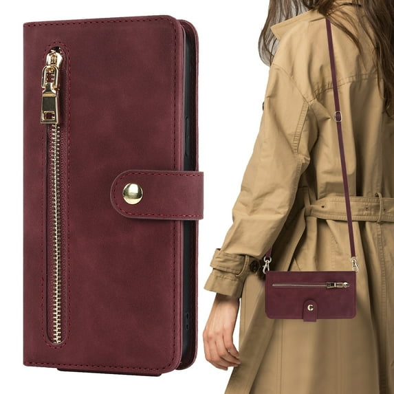 Dteck Crossbody Wallet Case Compatible with iPhone 14 Pro Max, Premium PU Leather Zipper Folio Wallet with Wrist Strap Shoulder Strap Magnetic Closure Built-in Kickstand Protective Case,Winered