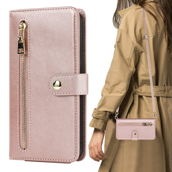 Dteck Crossbody Wallet Case Compatible with iPhone 14 Pro, Premium PU Leather Zipper Folio Wallet with Wrist Strap Shoulder Strap Magnetic Closure Built-in Kickstand Protective Case,Rosegold