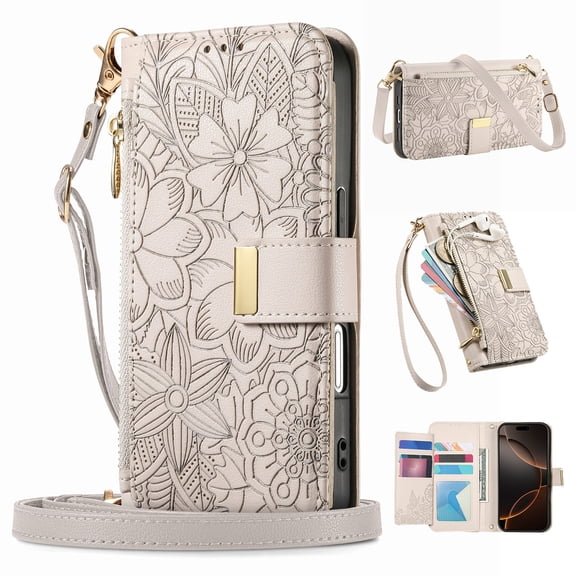 Dteck Crossbody Wallet Case for Google Pixel 10 Pro XL / 9 Pro XL with Card Holder, Soft PU Leather Lanyard Magnetic Closure Strap Zipper Pocket Phone Case,Beige