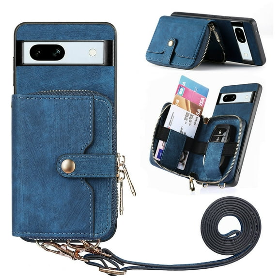 Dteck Crossbody Wallet Case for Google Pixel 6, PU Leather Zipper Handbag Purse Flip Cover, Kickstand Folio Case with Card Slots Holder Shoulder Strap Lanyard,Blue
