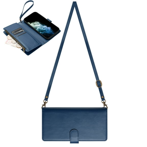 Dteck Crossbody Wallet Case for Google Pixel 7, PU Lether Zipper Handbag Purse Flip Cover, Kickstand Folio Case with 9 Card Slots Wrist Strap Lanyard for Women Men,Blue
