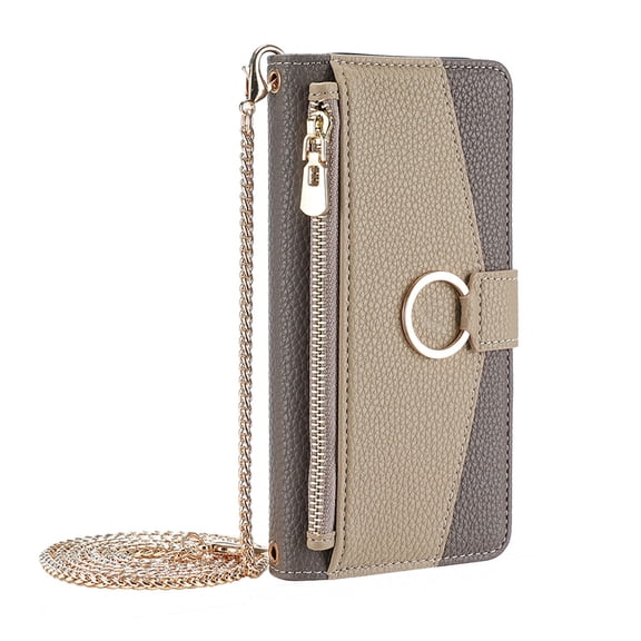 Dteck Crossbody Wallet Case for Google Pixel 7, Premium Color-Blocking PU Leather Zipper Purse with Card Holder Mini Mirror for Women Girls, Folio Flip Phone Case with Magnetic Closure,Gray